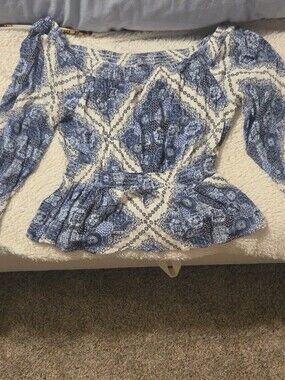Rayon blue and White Printed Peplum Blouse